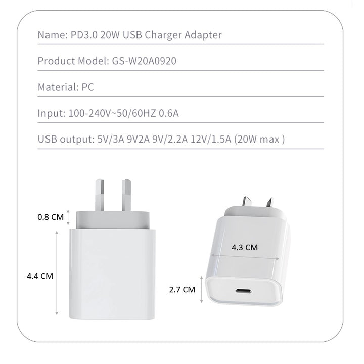 SAA Certified 20W PD 3.0 USB-C Wall Charger - Aussie Gadgets