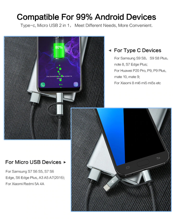 USB A to Micro-USB USB-C 2-in-1 Fast Charging Cable - Aussie Gadgets